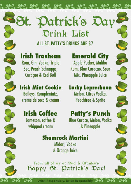 Bud and Stanley&#39;s St. Patrick&#39;s Day Menu
